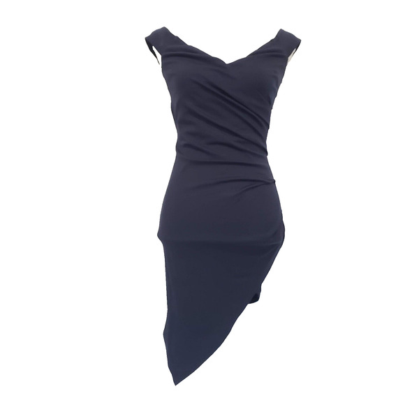 Trac Women SIZE S Navy Blue Off Shoulder Mini Dress Asymmetrical Hem Cocktail - Picture 13 of 13